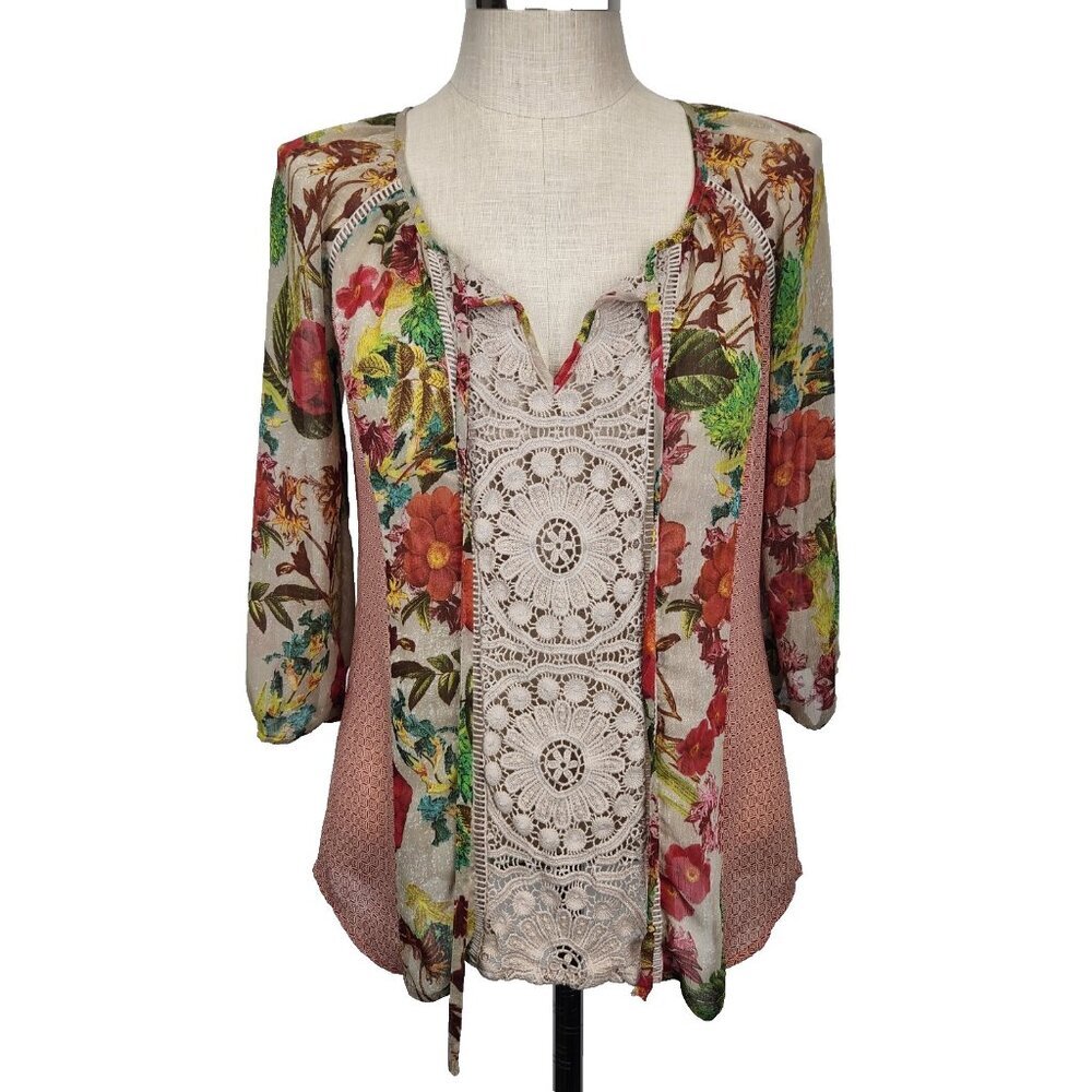 Anthropologie Meadow Rue Floral Peasant Blouse S Pink Ivory Sheer 3/4 Sleeve